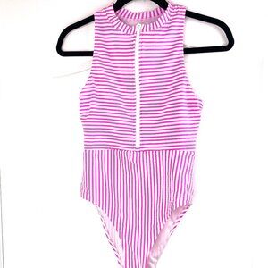 Splendid One-Piece Swimsuit Pink White Striped Zip Front, Size S (US 6 / EU 36)